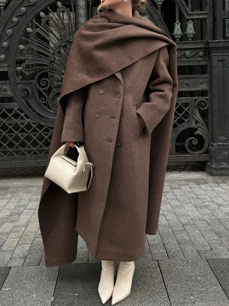 

New Women Scarf Collar Overcoat Autumn Winter Double Breasted Long Coat High Street Lady Woolen Outerwear Fashion Loose Coat