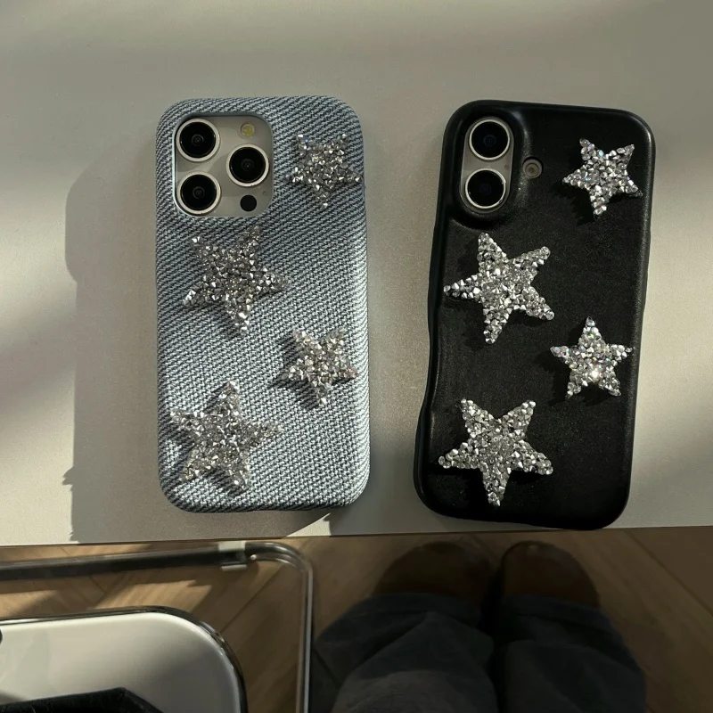 

Luxury Super Star Leather cloth Phone Case for iPhone 13 14 15 16 Pro Max 16pro 15pro 14pro 3D Diamond Pentagram Cover