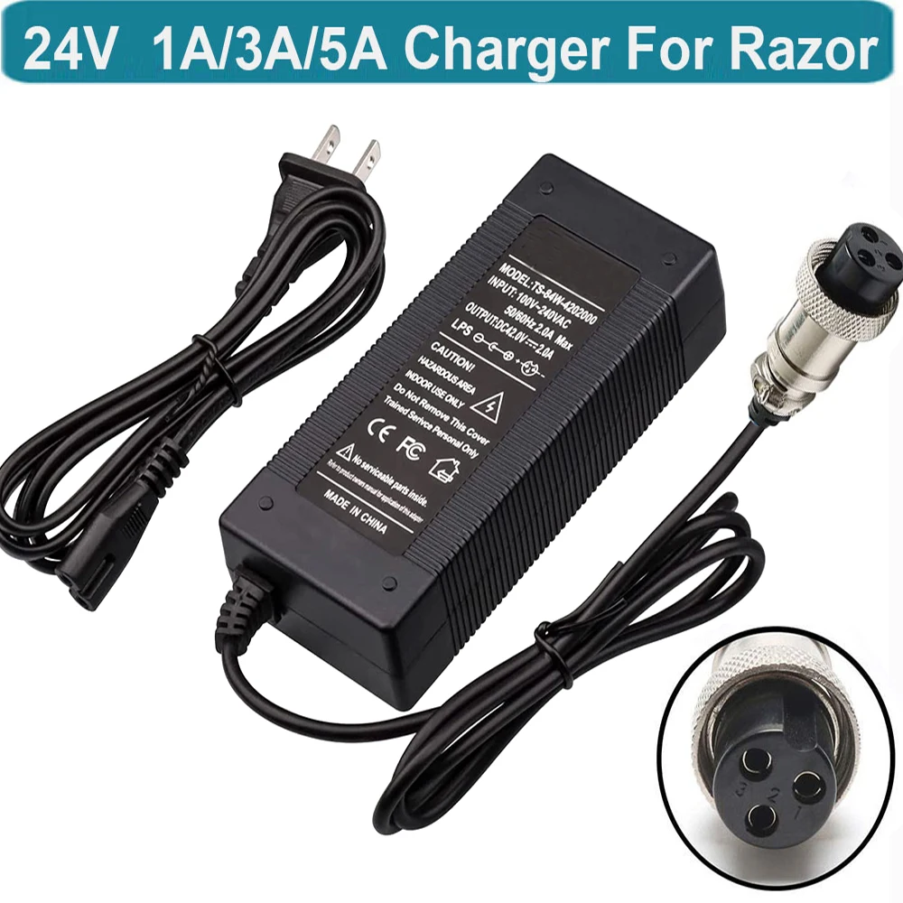 

24V Battery Charger for Razor E100 E200 E300 E125 E150 E500 E175 PR200, E225S E325S MX350, Pocket Mod, Sports Mod, and Dirt Quad