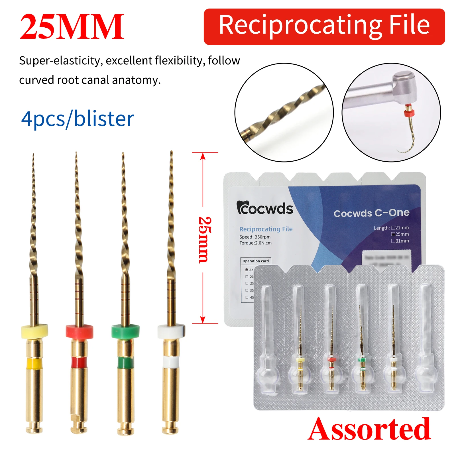 25mm Assorted Dental Reciprocating Files Rotary Endodontic Engine File Endo Motor Root Canal Treatment 4pcs/Set