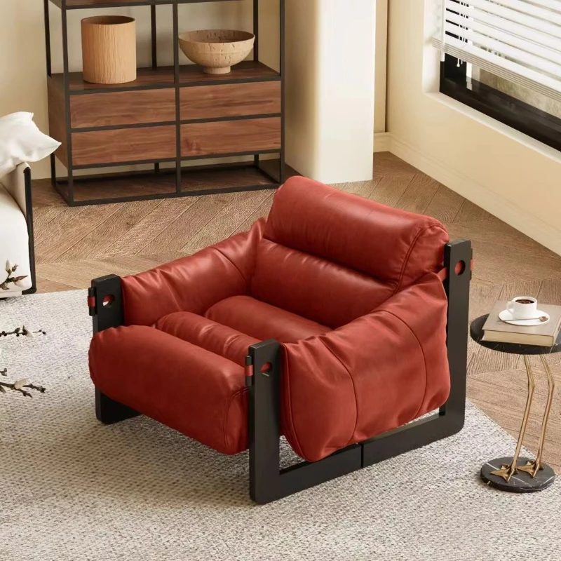 

Modern single oil wax leather lounge chair, wooden leg recliner, living room, bedroom, simple home furniture