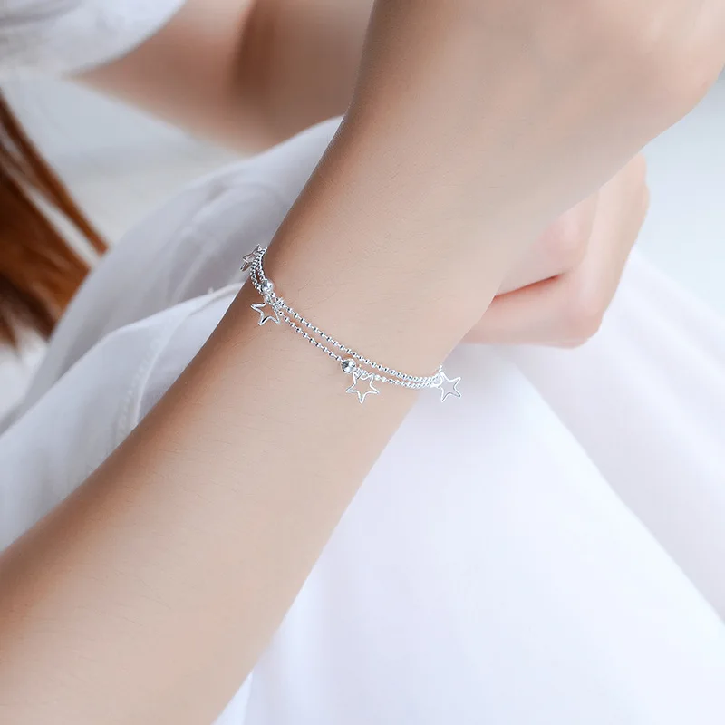 925 Sterling Silver New Double-Layer Beaded Bracelet, Pentagonal Star Ankle Chain, Personalized And Simple Student Jewelry Gift