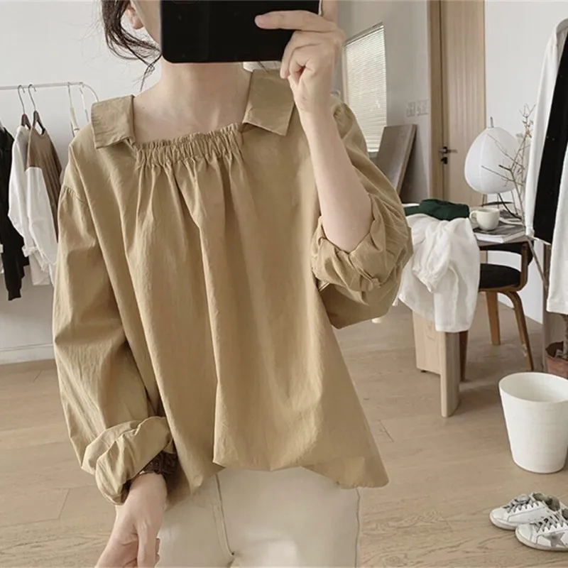 Blouses Women Solid Folds Sweet All-match Autumn Designed Korean Style Basics Casual Ladies Simple Daily Seductive Personality