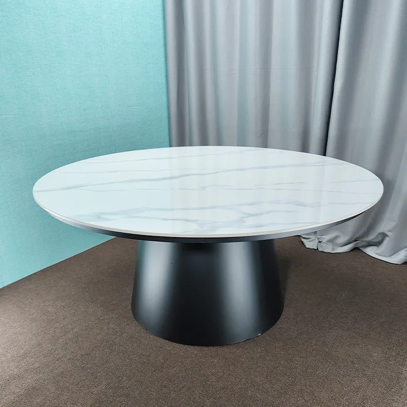 Carbon steel frame rock slab dining table turntable conical table foot rock slab dining table cone barrel base round