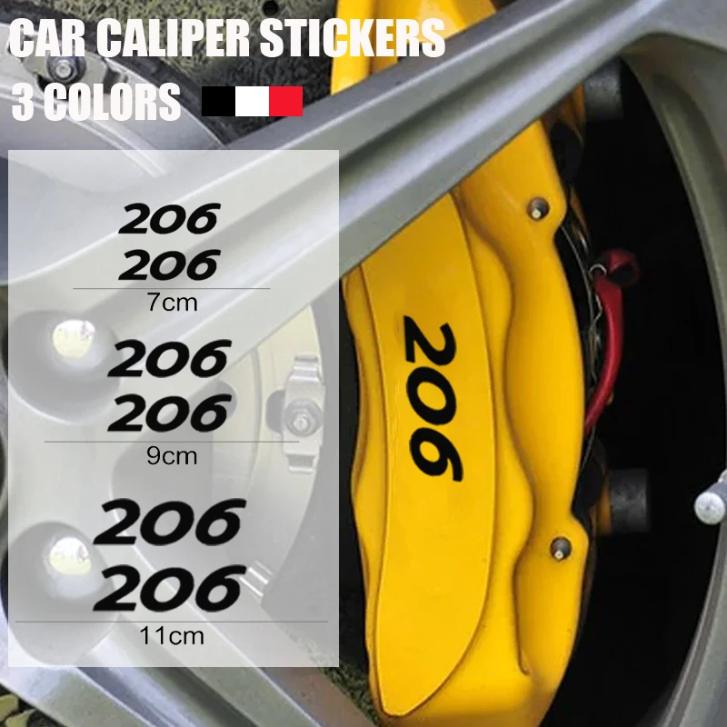 6PCS Car Brake Caliper Stickers For Peugeot 206 High Temperature Heat Resistant Vinyl Films Waterproof Decals Auto Accessories