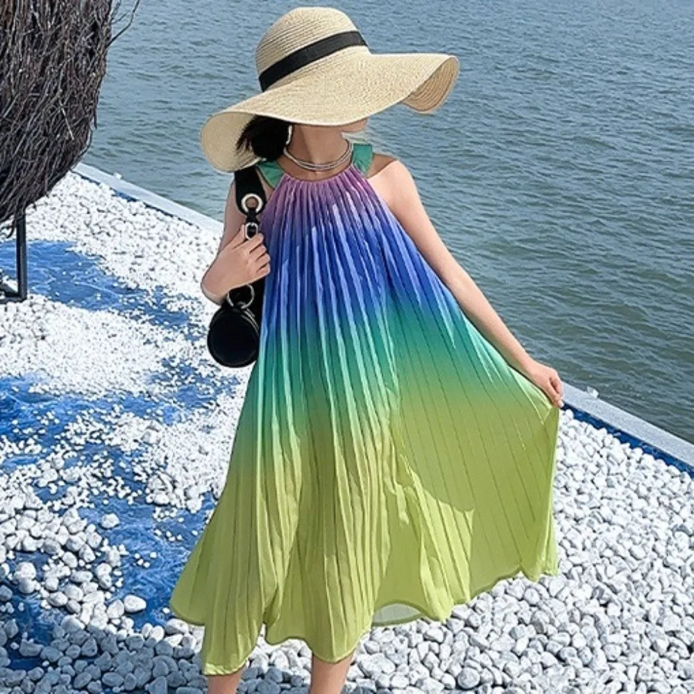 Dziecięca sukienka bez rękawów na wakacje na plaży, falbanki, szelki, plisowana, gradient kolorów, długa.