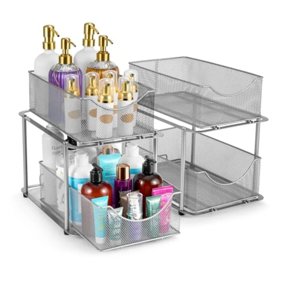 

2 Sets of 2 Tier Metal Under Sink Organizer for Bathroom Kitchen Strong Steel Mesh Sliding Drawers for Under Sink Under Cabinet