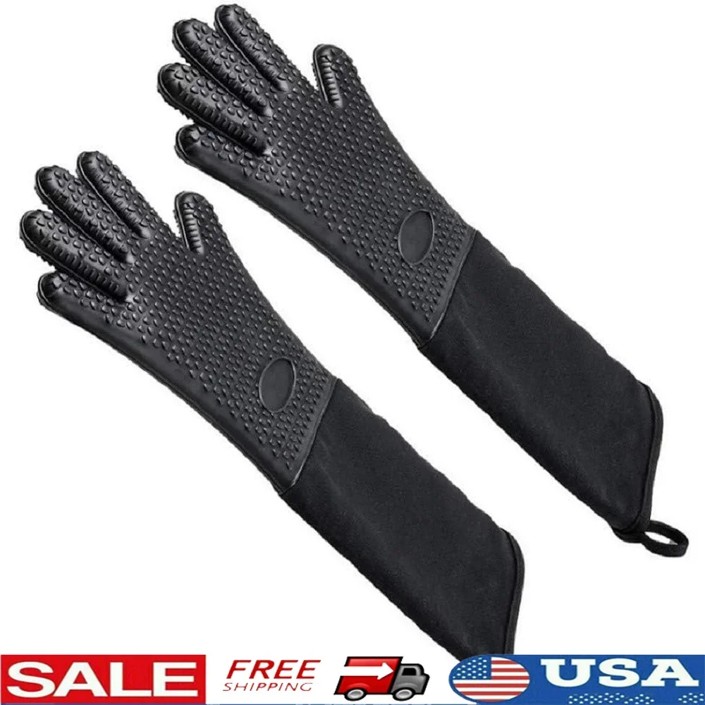 

Extra Long Silicone Oven Gloves Heat Resistant BBQ Mitts Non-Slip Quilted Liner Durable Cooking Gloves Grilling Baking