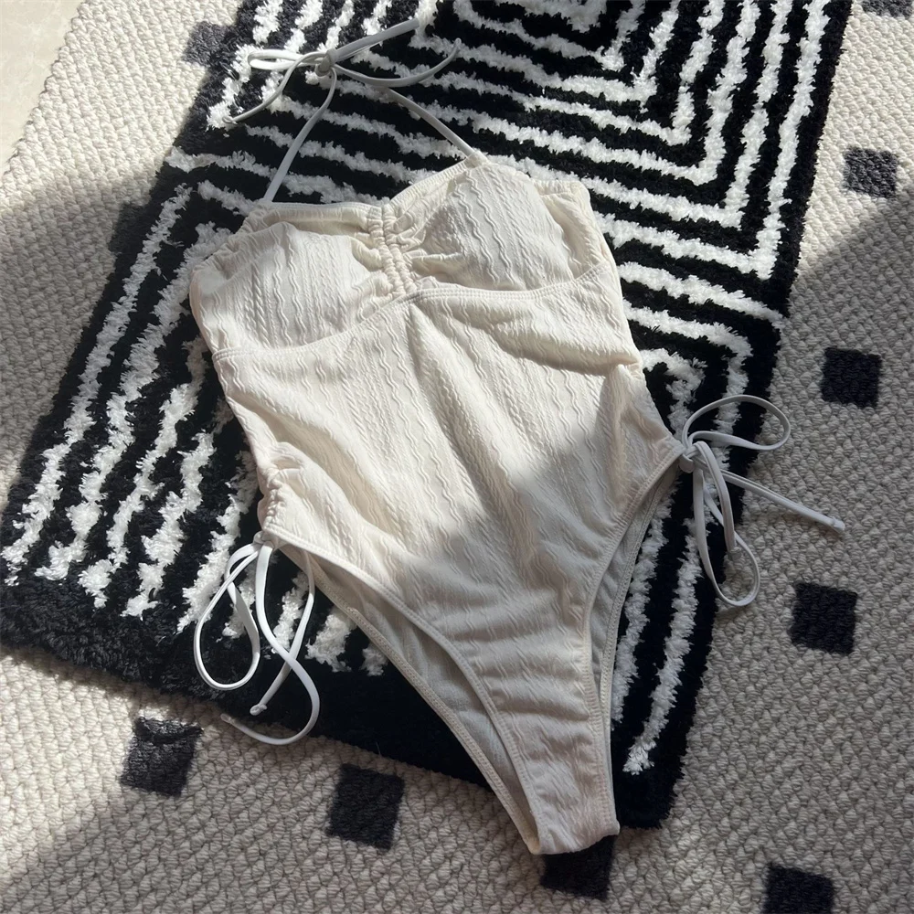 Sexy Drawstring Pleated Bikini Bandeau Swimsuit Halter String Swimwears Women Korean Pink Y2K Jacquard Beach Outfit Bathing Suit
