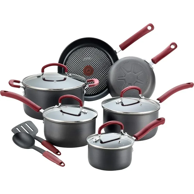 Ultimate-Juego de utensilios de cocina antiadherentes anodizados duros, ollas y sartenes 600F seguras para horno, aptas para lavavajillas, negro, 12 piezas
