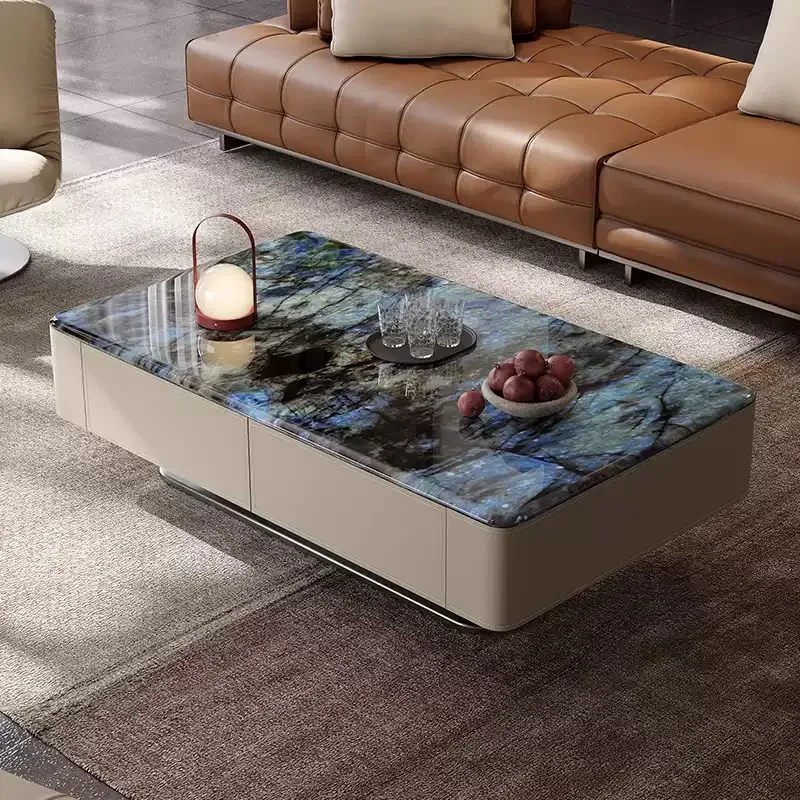 Modern Luxury Wood Marble Square Coffee Table Living Room Multifunctional with Storage Stainless Steel Furniture