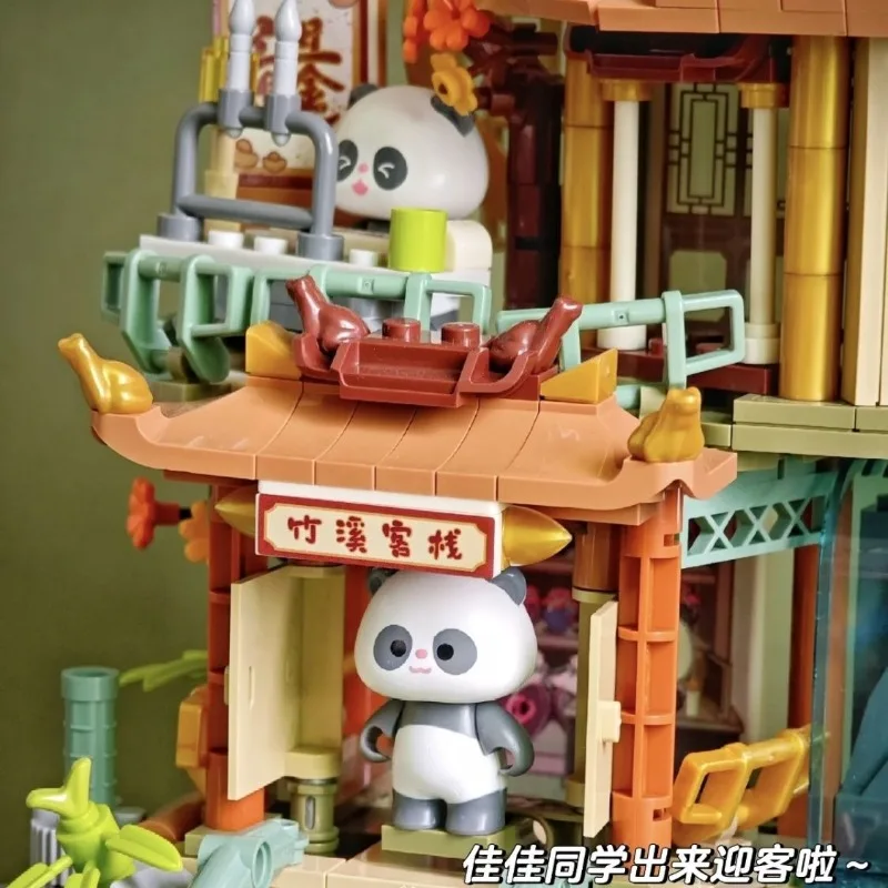 JAKI-bloques de construcción Panda Bamboo Creek Inn Street View, montaje de partículas pequeñas, juguete para niño y niña, modelo ornamental, regalo de Festival