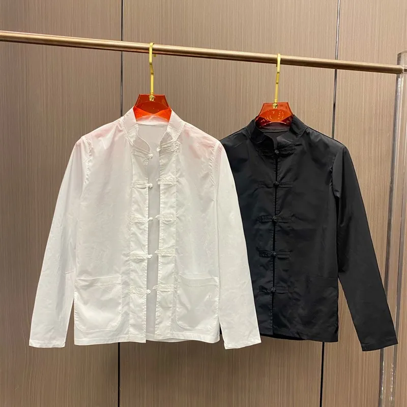 

Men's Long Sve Button up Tang Suit Jaet Summer Sun Protection Loose Stand Collar Top Vintage Chinese Sle Casual Outerwear