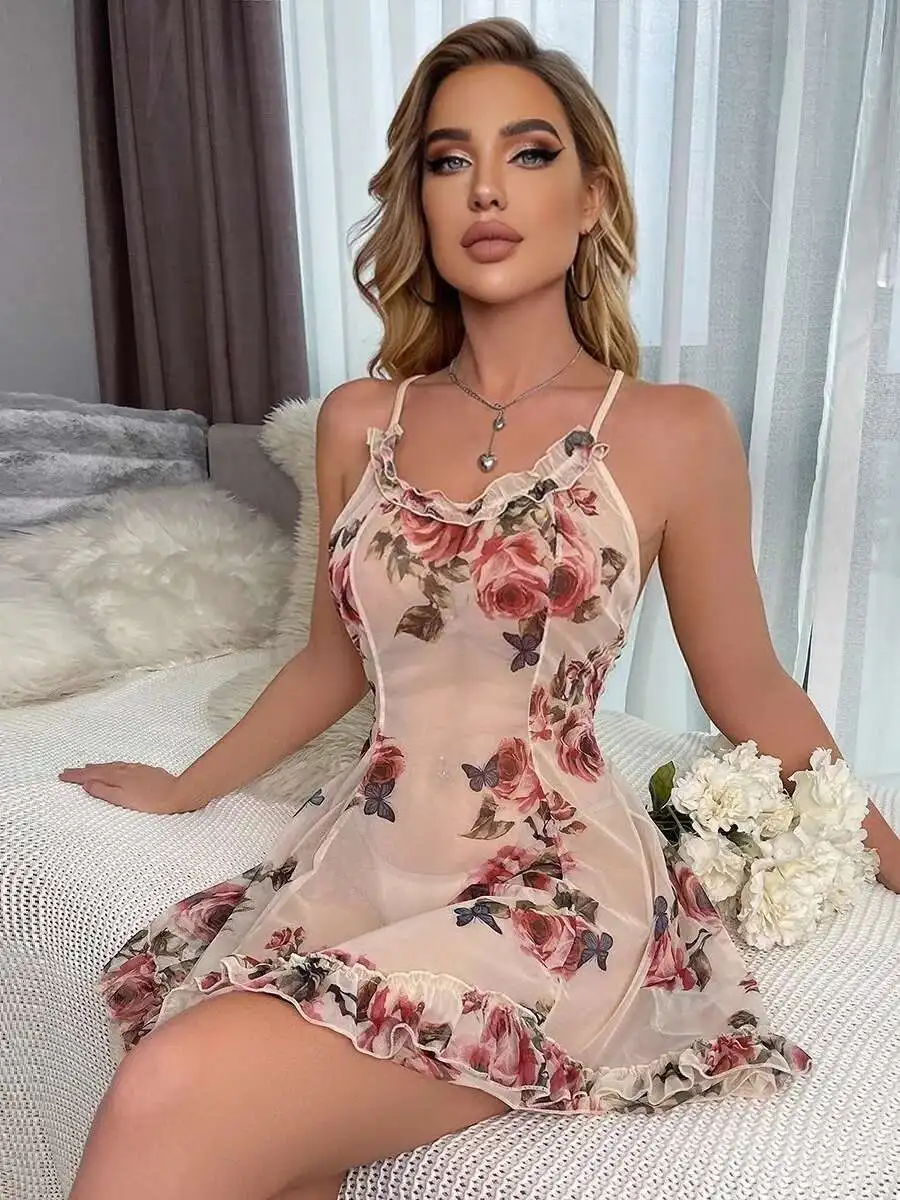 섹시한 투명한 꽃 자수 드레스 백리스 딥 V 멜빵 민소매 순수한 욕망 캐주얼 스타일 드레스 매력적인 섹시한 97U2