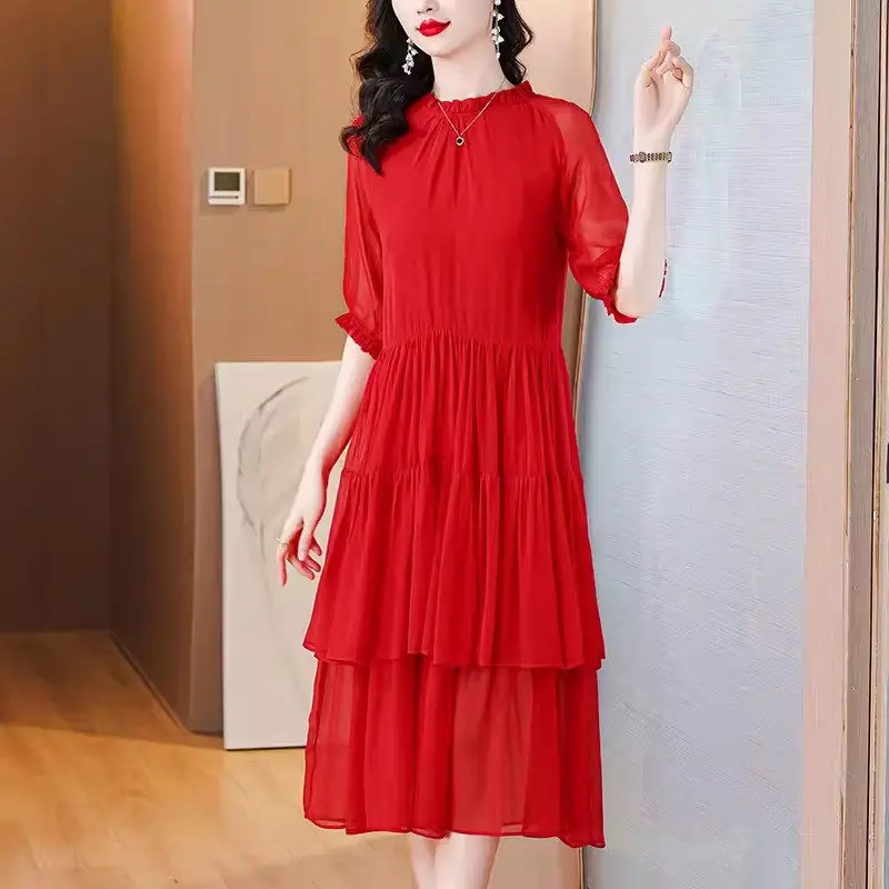 

2024 New Summer Dress Silk Red A-Line Slimming Elegance High End Fashion Short Sleeve Evening Dress For Women Vestidos K831