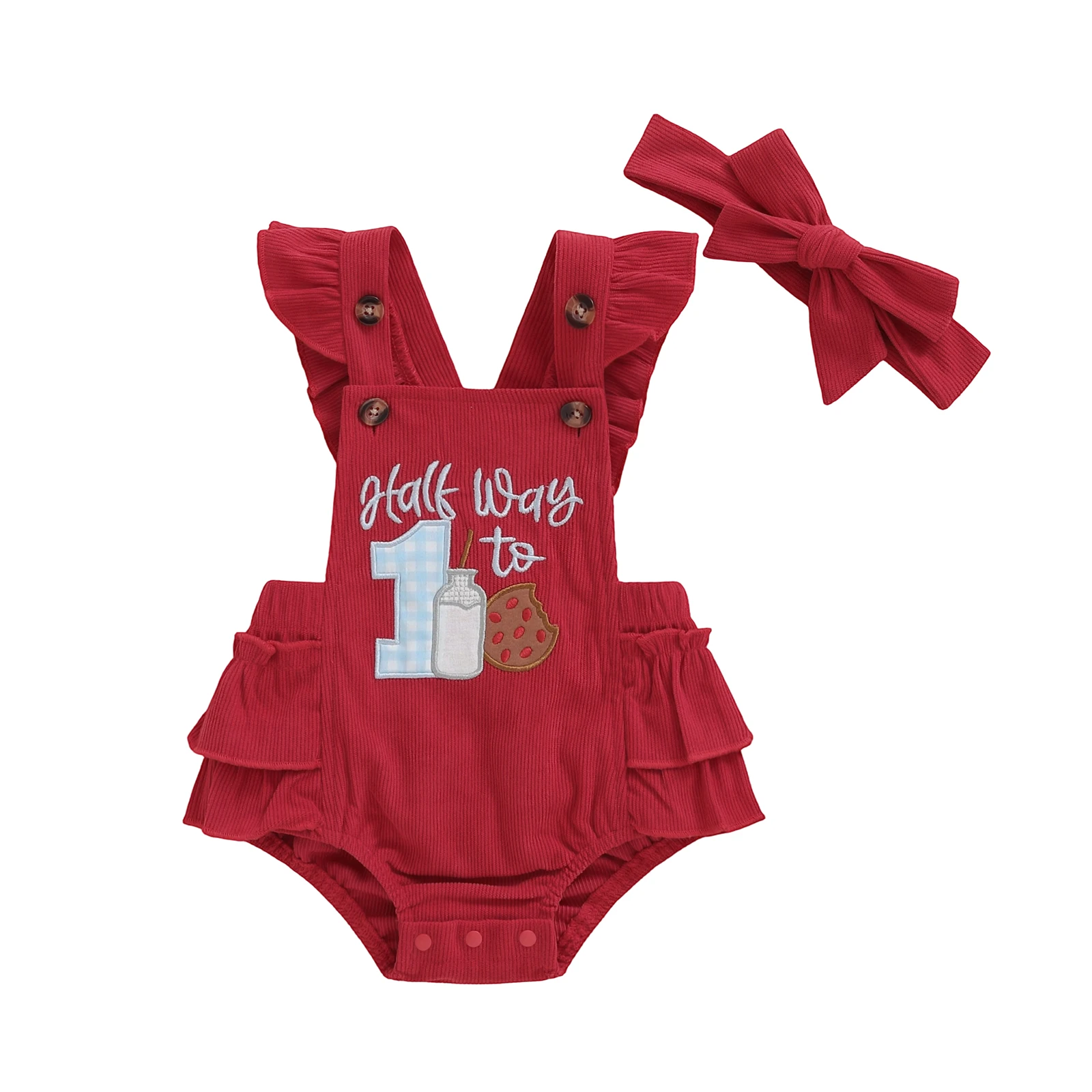 

Очаровательный комбинезон на день рождения для маленьких девочек с развевающимися рукавами и вышивкой кексов и подходящей повязкой на голову — идеально подходит для