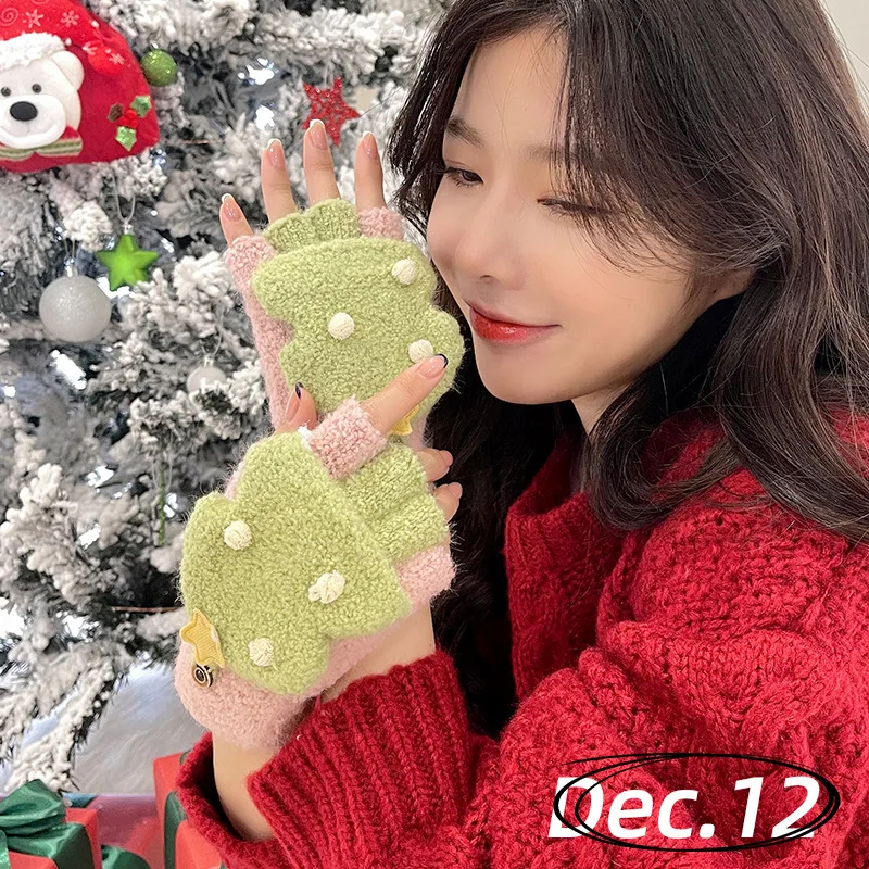 Winter new Christmas gloves female cute warm plush windproof flip half finger student gloves wholesale DRST28