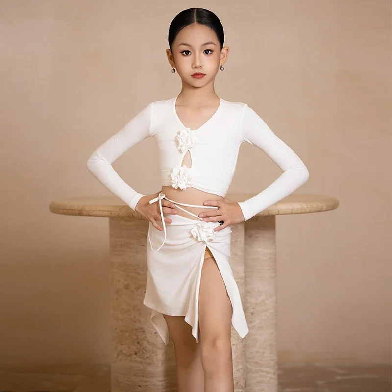 

Fashion Girls Latin Dance Performance Costume White Latin Top Slit Skirt Children'S Ballroom Dance Clothing Stage Wear DW
