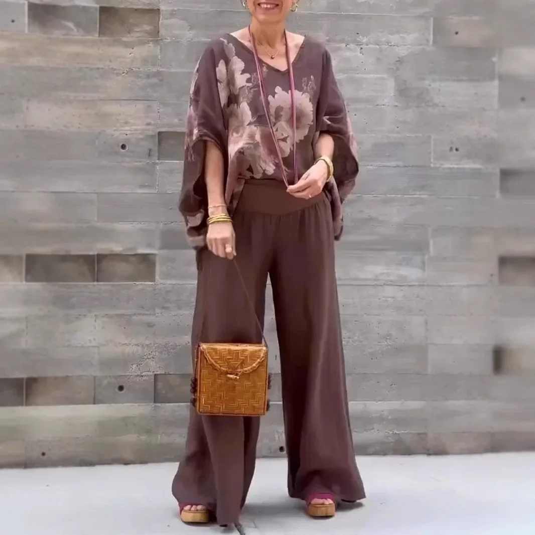 

Casual Flower Print 2 Piece Set Loose V-neck Bat Sleeve Pullover Top Elastic Waist Wide Leg Pants Set Women 2025 Spring New