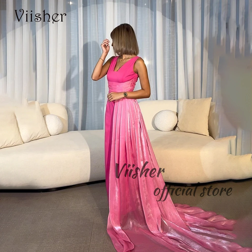 

Viisher Pink Mermaid Evening Prom Dresses for Women V Neck Arabian Dubai Formal Dress with Train Long Wedding Party Gowns