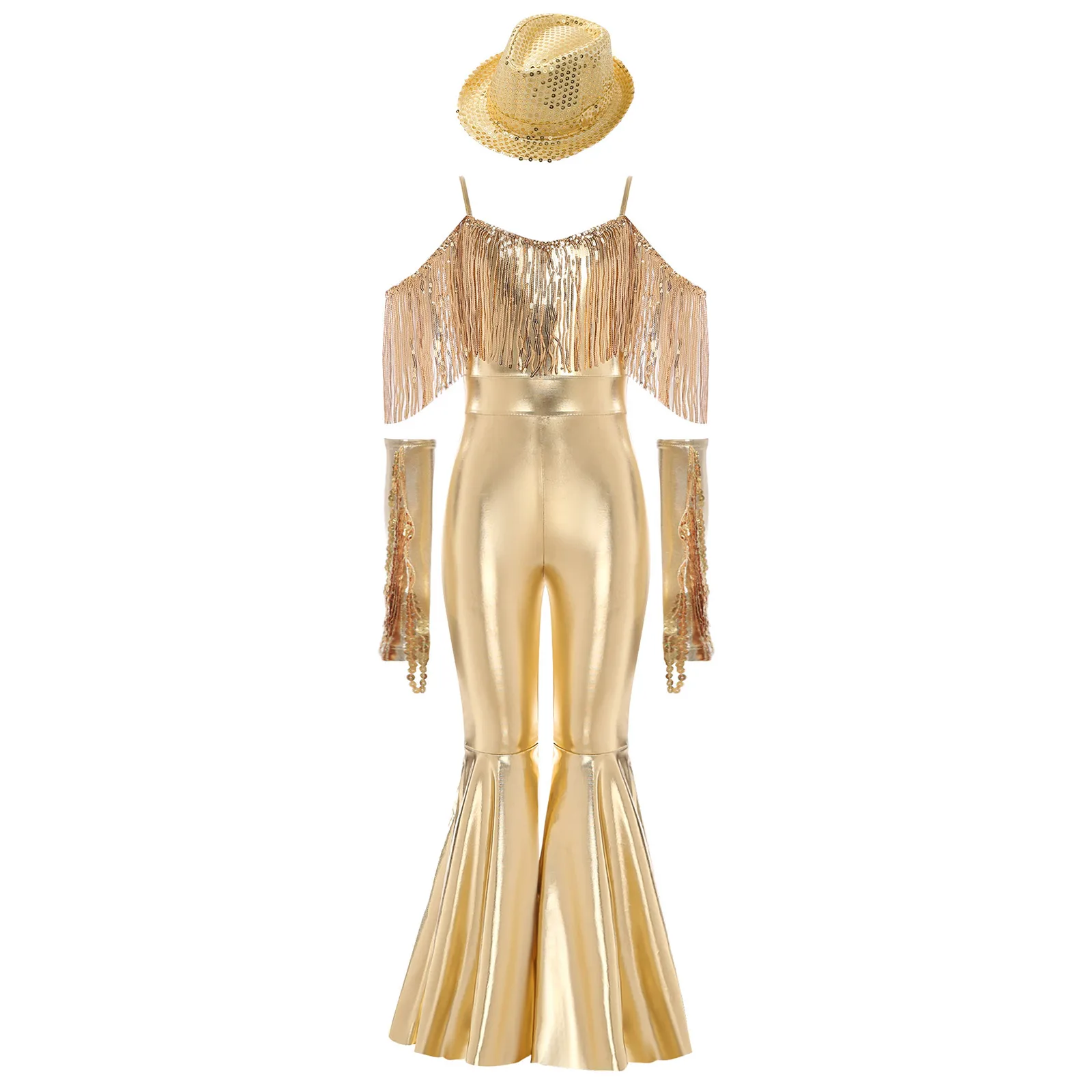 Girls 70s Disco Jazz Dance Costume Sleeveless Shiny Sequins Tassels Flared Jumpsuit with Fedora Hat And Gloves for Banquet Party