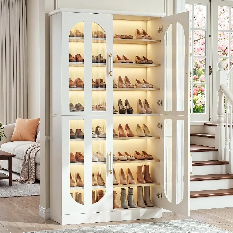 Shoe Cabinet with Acrylic Doors and Dimmable LED Lights, 8-Tier Tall Wooden Shoe Rack Organizer with Adjustable Shelves, Holds