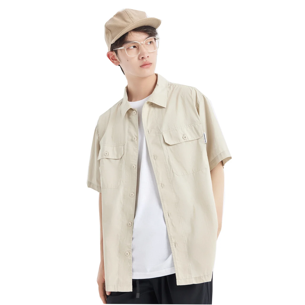 

Metersbonwe-Men's Multi-Pocket Short Sleeve Cargo Shirt 100% Cotton Loose Solid Color Business Shirt Casual Summer Tops