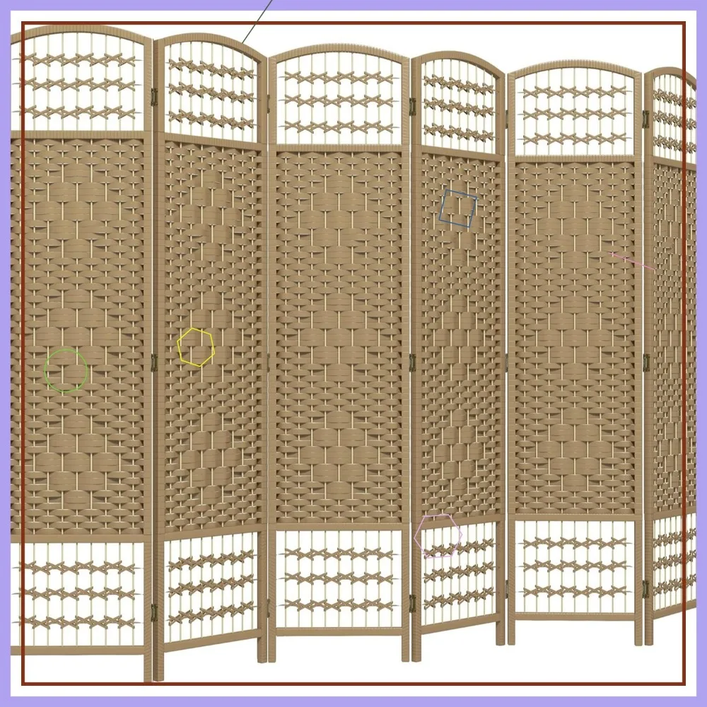 

6 Panel Folding Privacy Screen, 5.6' Room Separator, Wave Fiber Freestanding Partition Wall Divider in Natural