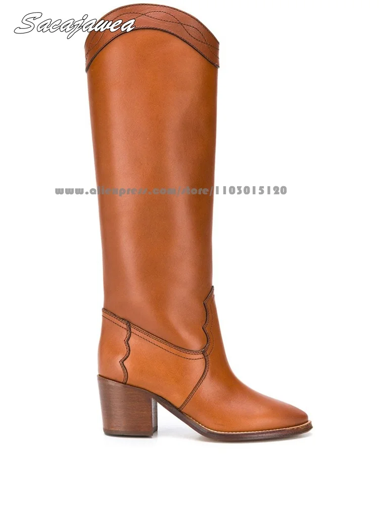 Genuine Leather Ethnic Catwalk Style Knee High Boots Size 34-43 All-Match Cowboy Boots Pointed Toe Sexy Grace Lady Boots