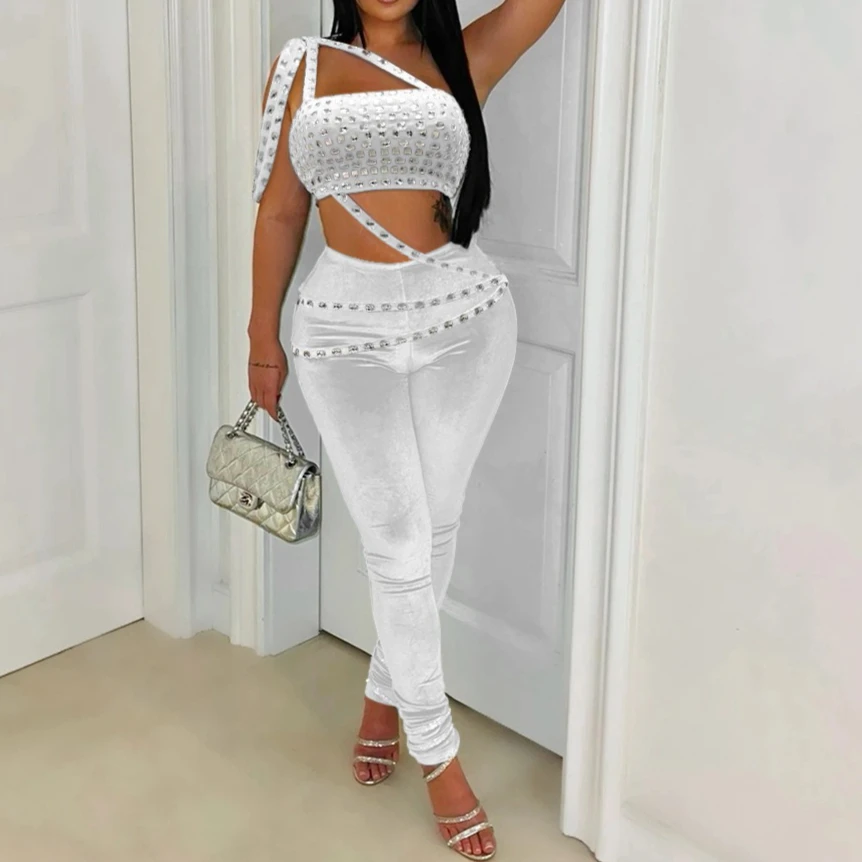Pant Set Women Two Piece Sets Sexy Strapless Y2k Streetwear Hot Drilling Tops Matching Sets Long Pants High Waist Party Night