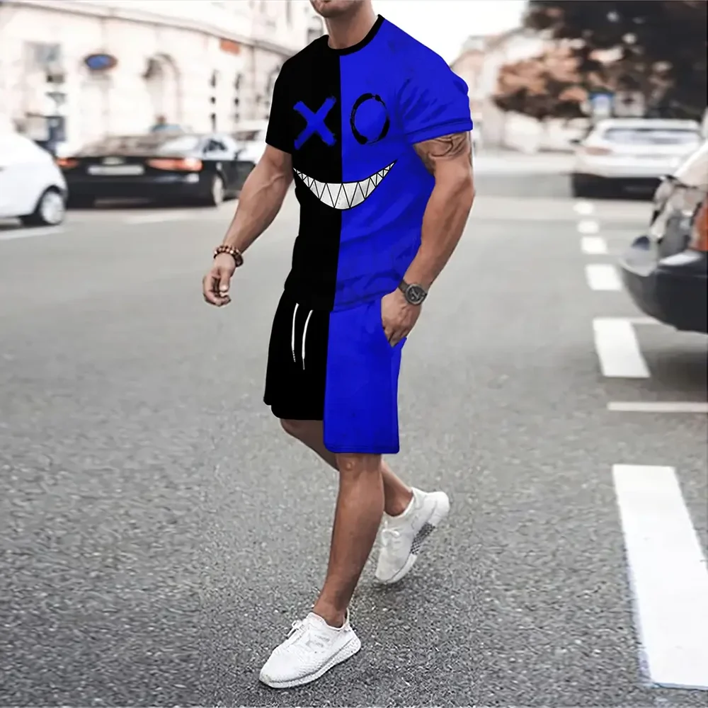 Ensemble 2 pièces t-shirt et short à manches courtes pour hommes, pull décontracté, haut à col rond, imprimé visage souriant, à la mode, nouveau