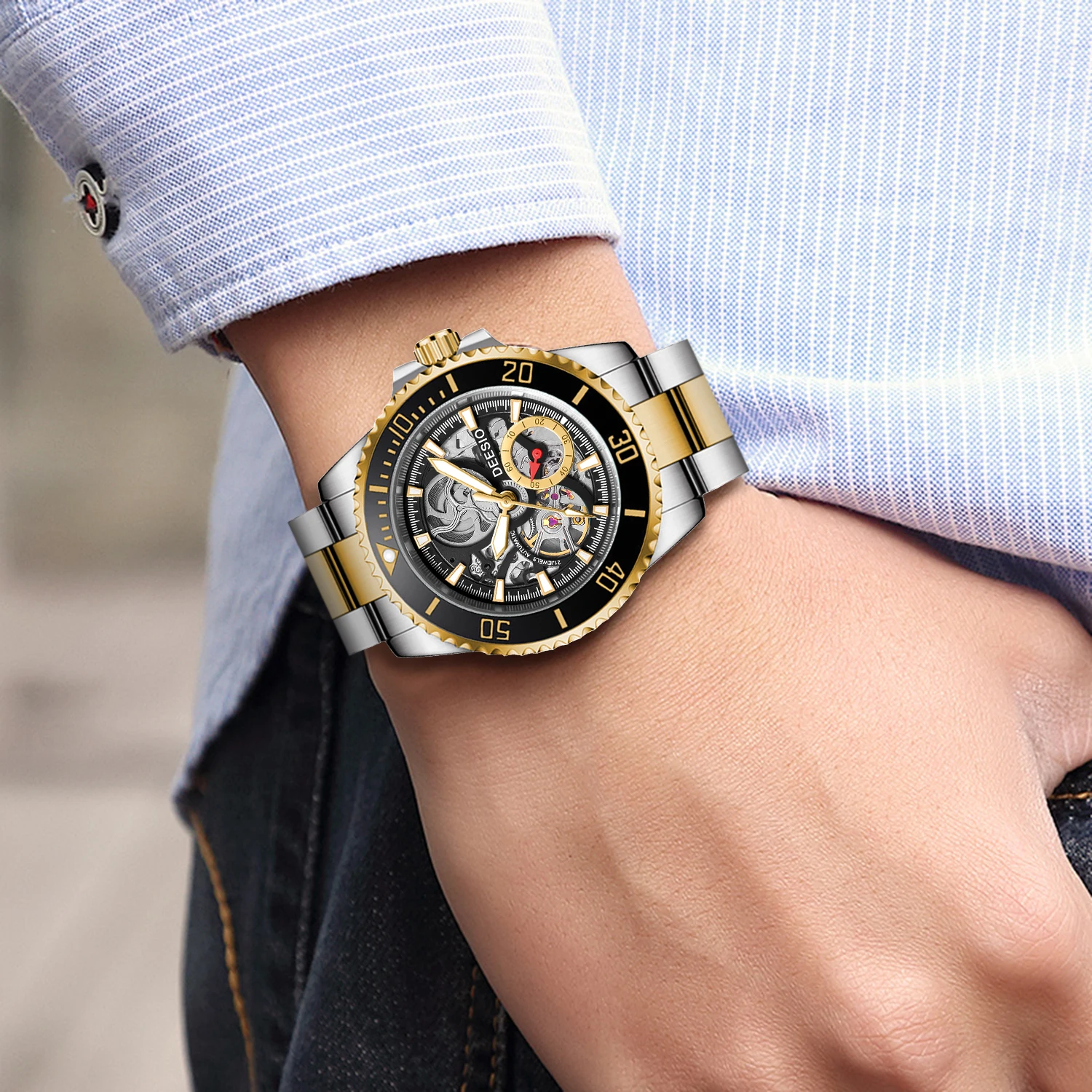 Deesio Jam Tangan Mekanis Otomatis Pria Baru Mewah Jam Tangan Bisnis Bercahaya Tahan Air Kristal Safir Baja Tahan Karat Hadiah