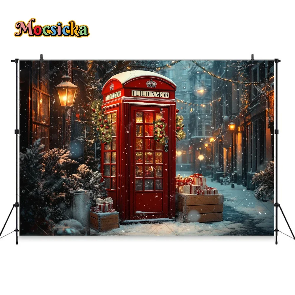 Christmas Street Corner Background Photography Xmas Night Red Phone Booth Lamps Backdrop Winter Kids Birthday Photo Studio Prop