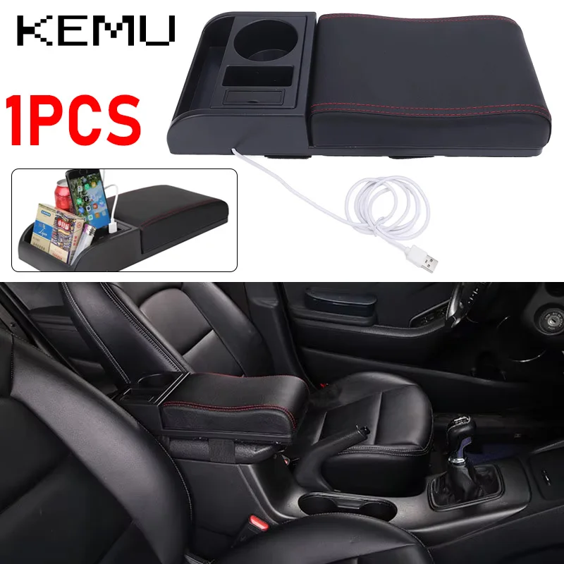 

Car Armrest Pillow Adjustable Length Soft Elbow Support Cushion Universal Storage Box Arm Rest With USB Charging Port Cup Holder
