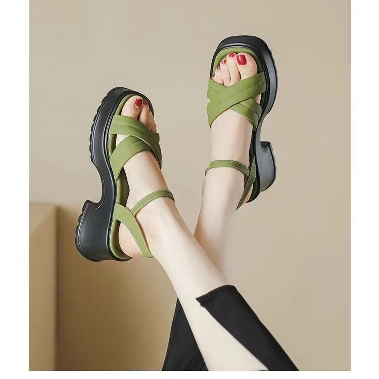 Thick Soled Fashionable Sandals for Women in Summer 2024 Green Ultra Bright White Roman Shoes One Line with Sandals and Slippers