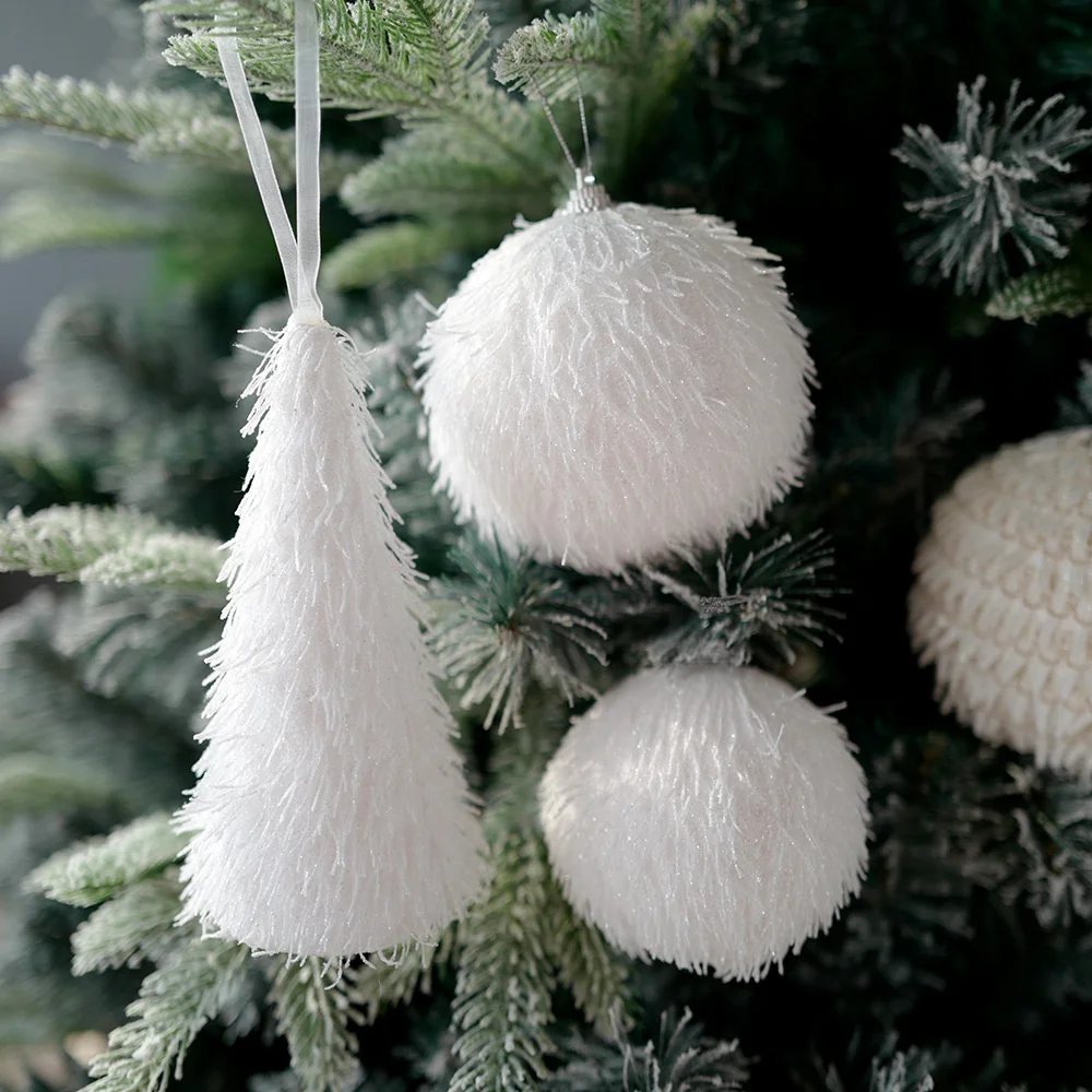 1PC White Christmas Tree Decoration Xmas Plush Ball Xmas Tree Shape Pendant Foam Snow Balll for Home 2025 Xmas New Year Decors