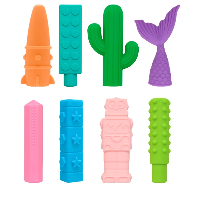 

5PCS Silicone Pencil Topper Fun Silicone Baby Teether Pencil Cap Sensory Toy for Kids Children Autism ADHD Chew Tools