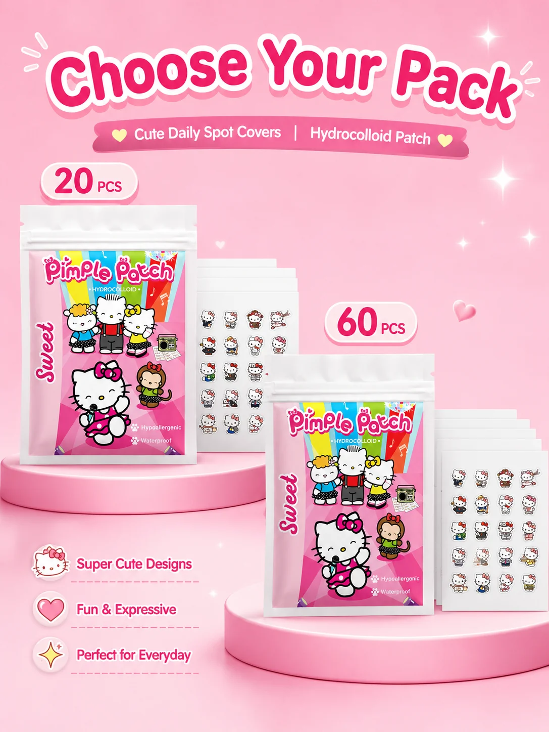 Sanrio Acne Pimple Patches, Hydrocolloid Spot Cover Stickers, Cute Face Care Patches for Daily Use
