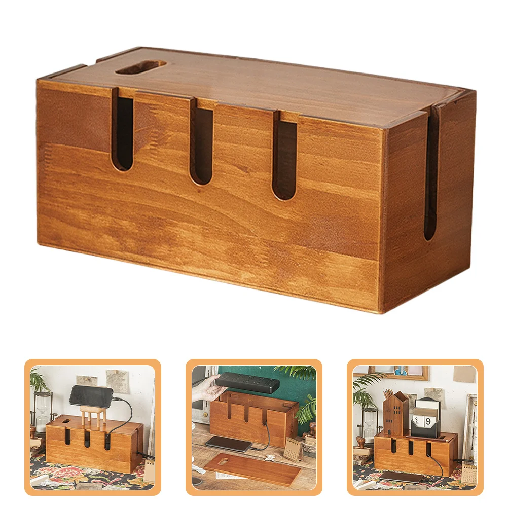 Wooden Cable Box Large Capacity Desk Cord Storage Management Hider Power Strip Case Power Cord Organizer Cables