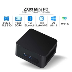 ZX03 Intel Mini Desktop Game Computer, PC, Windows 11 Gamer, DDR4, 16GB, 512GB, SSD, WiFi, BT4.2, VGA, M.2, Intel, Alder-N, Lago, n95, Caderno