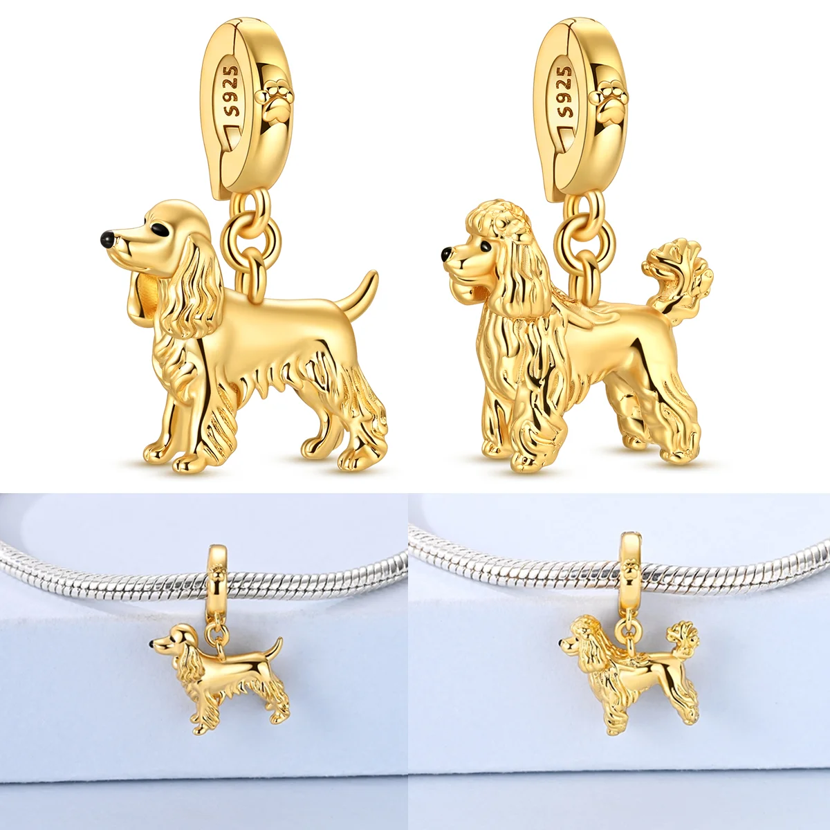 Abalorio de Plata de Ley 925 con Diseño de Perro Cocker Spaniel Dorado, Colgante Universal para Pulsera Original, Regalo de Joyería DIY