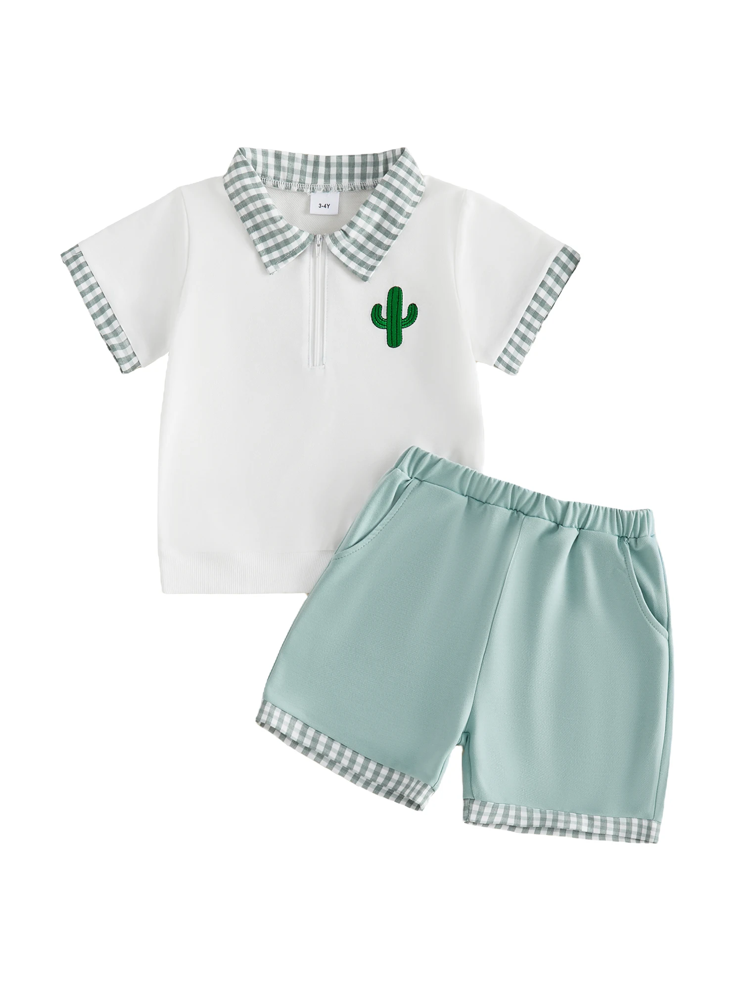 

Очаровательный летний комплект для младенцев с дизайном в виде головы быка и кактуса, клетчатыми вставками и рубашкой с коротким рукавом, воротником и молнией до середины груди.