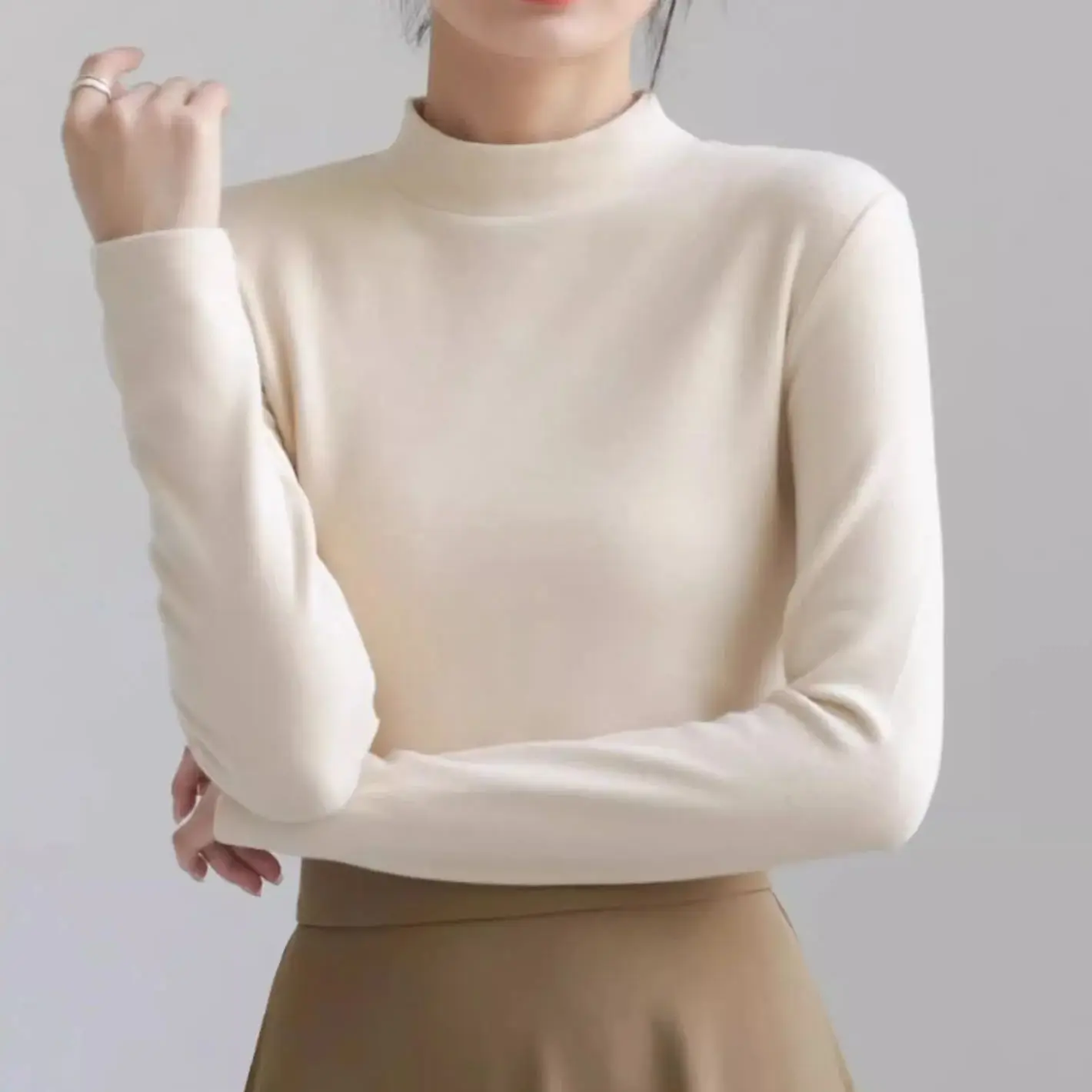

Thick Velvet Half-Turtleneck Patchwork Long-Sleeved Top Soft, Warm Slim Stretchy Thermal Underwear