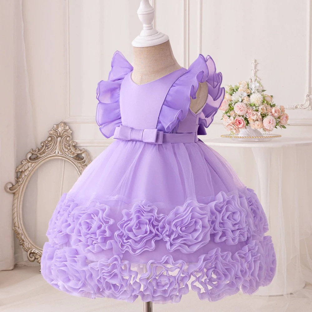 Pageant Purple 1 Year Birthday Dress For Baby Girl Clothes Floral Princess Dress Girls Dresses Ceremony Baptism Party Gown