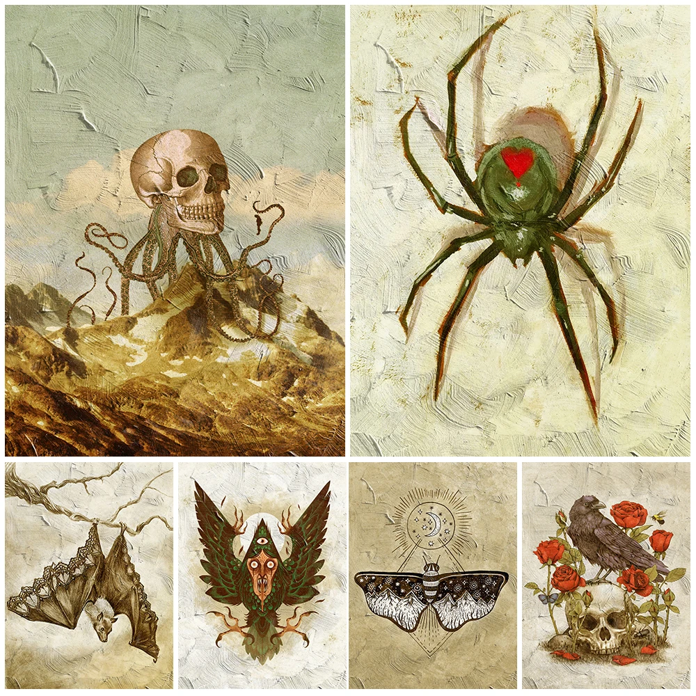 Black Widow Spider Wall,Lace-Bat And Ghost Faced Crow Vintage Wall Art Canvas Painting Horror Art Poster Print Decor Unframed