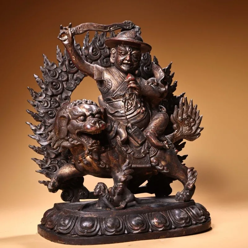 Antique Damchen Garwa Nagpo Statue Tibetan Buddhism Lion-Riding Patron Saint Decorative Ornament for Home Altars