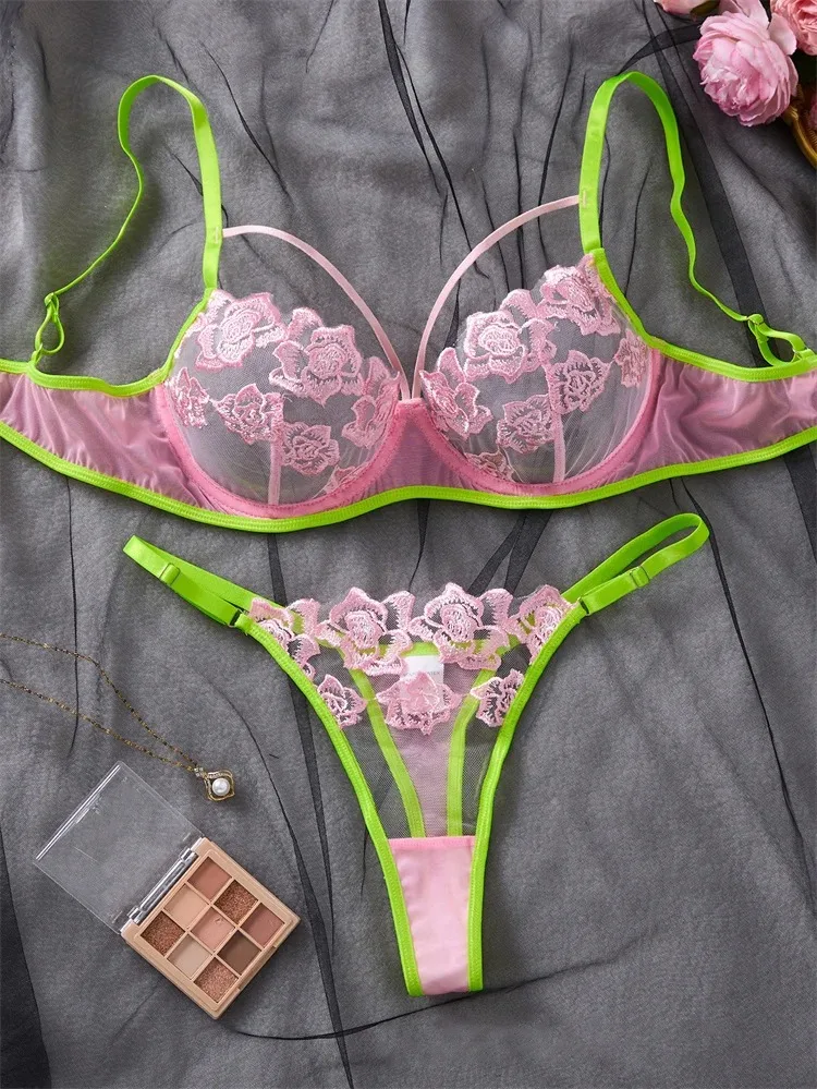 Contrast Women's Lingerie Pink Floral Lingerie Set Delicate Embroidery Sheer Mesh Sexy Lingerie Steel Rings Push Up Bralette Set
