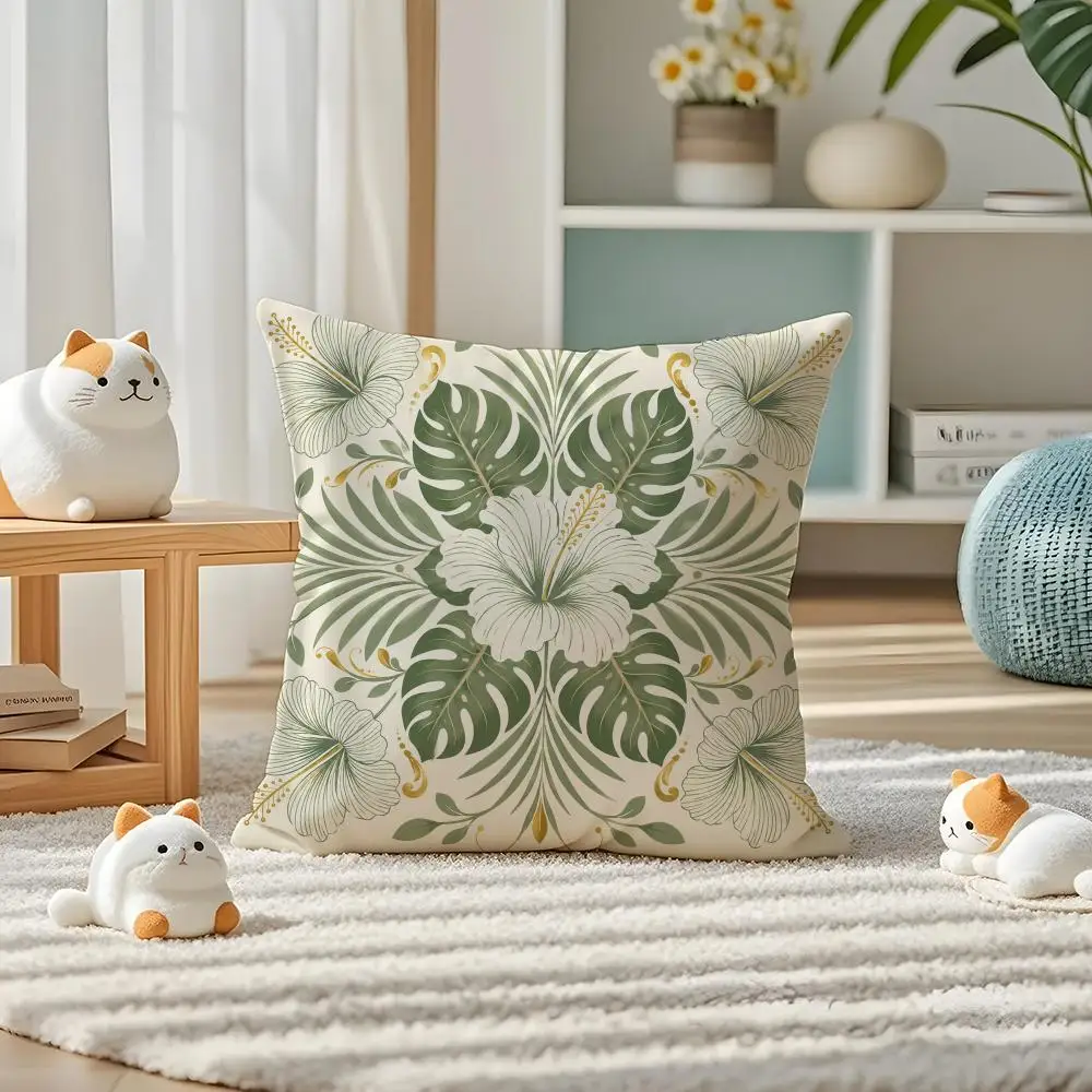 Sage Green Botanical Pattern Cushion Cover Pillow Case Plush Fabric Soft Double Sided Print Home Sofa High Quality Cushion