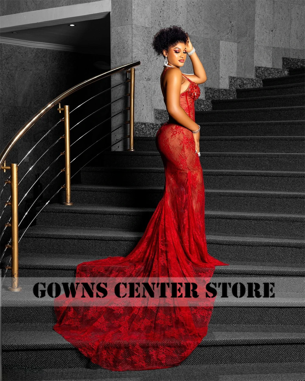 Red Spaghetti Lace Mermaid Beaded Aso Ebi Evening Dress 2024 Lace-up Corset African Ladies Dresses Party Gowns Customized