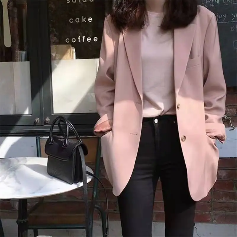 

Loose Casual Pink Small Suit 202 Winter Women's Straight Tube Polyester Long Sve Single Button Pure Color Busin Suit